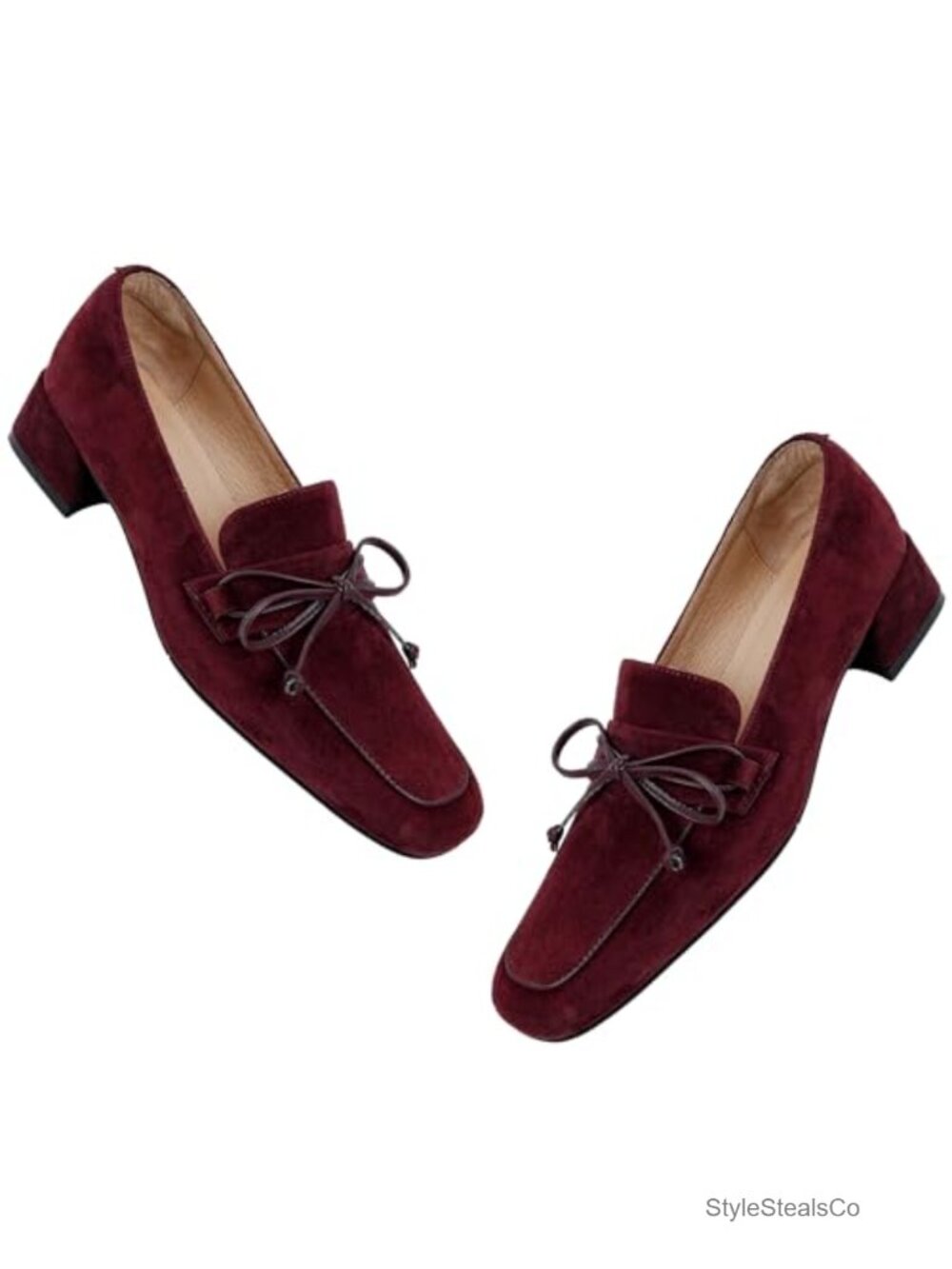 Suede Bow Chunky Heel Loafers Slip On Square Toe Retro Oxfords